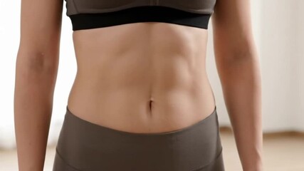 A torso with defined abs wearing a gray sports bra with a black band and gray leggings posing against a light background
