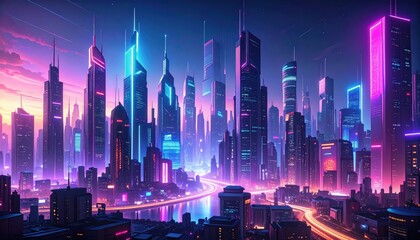 Neon-lit futuristic city skyline with glowing skyscrapers and vibrant colors at dusk, featuring illuminated streets and a dynamic, cyberpunk atmosphere.