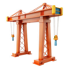 Orange gantry crane with blue hook isolated on transparent background
