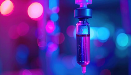 A close-up of an IV drip with colorful, neon lighting and blurred bokeh background in a medical setting.