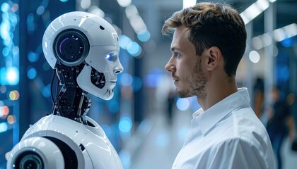 A human and a humanoid robot face each other in a futuristic, high-tech environment, symbolizing the connection between people and artificial intelligence.