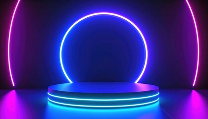 Futuristic neon-lit podium with vibrant blue and pink lights in a dark room, creating a modern, glowing stage effect.