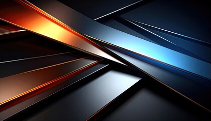 Abstract metallic strips with blue and orange highlights crossing over a dark, reflective background.