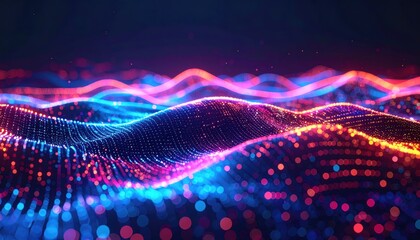 A vibrant digital landscape with colorful, glowing waves and dots illustrating abstract data flow.