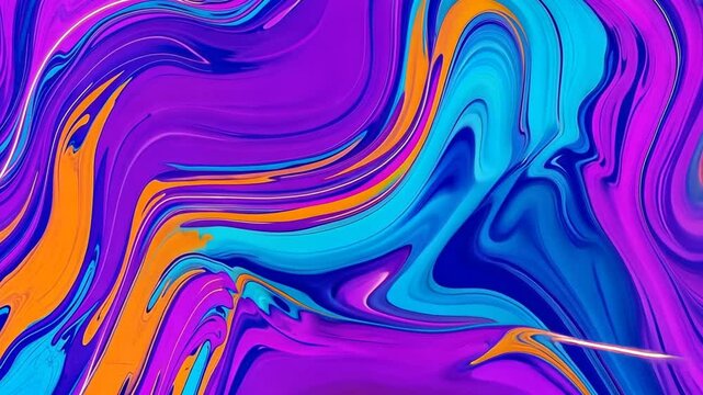 Vibrant Liquid Marble Abstract Fluid Art in Bold Purple, Blue, and Orange Waves - Mesmerizing Modern Background
