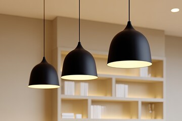 Three black pendant lights hang from a beige ceiling, above a light beige bookcase with books