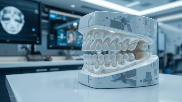 A digital dental model in a futuristic laboratory, symbolizing AI-based CADCAM technology. 4k video