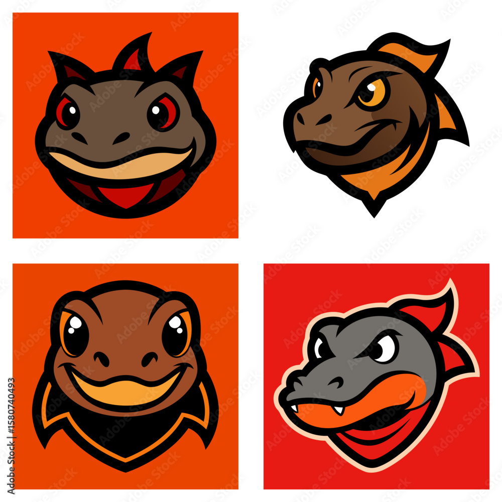 Poster collection of four cartoon lizard heads with varying expressions and color schemes on square backgro