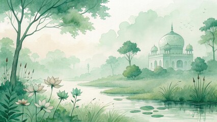 Tranquil watercolor landscape with a domed building and lotus flowers by a serene river.