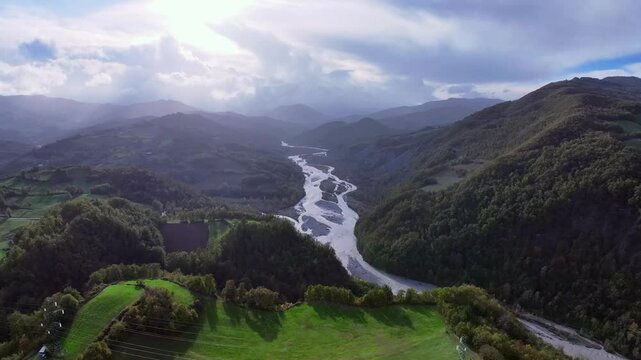 A panoramic aerial view of the Enza River near the village of Vetto d'Enza. Reggio Emilia, Emilia Romagna, Italy