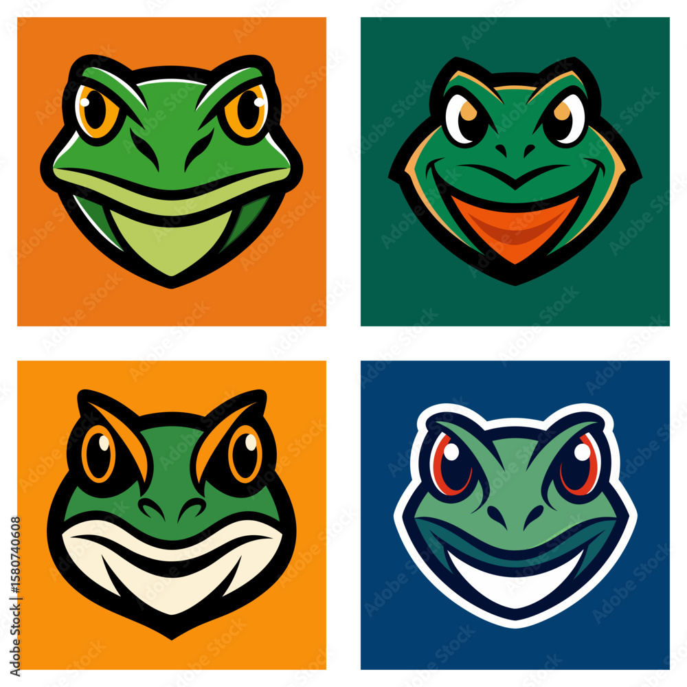 Aufkleber four square frog head illustrations with varying colors and background shades displayed in a grid fo