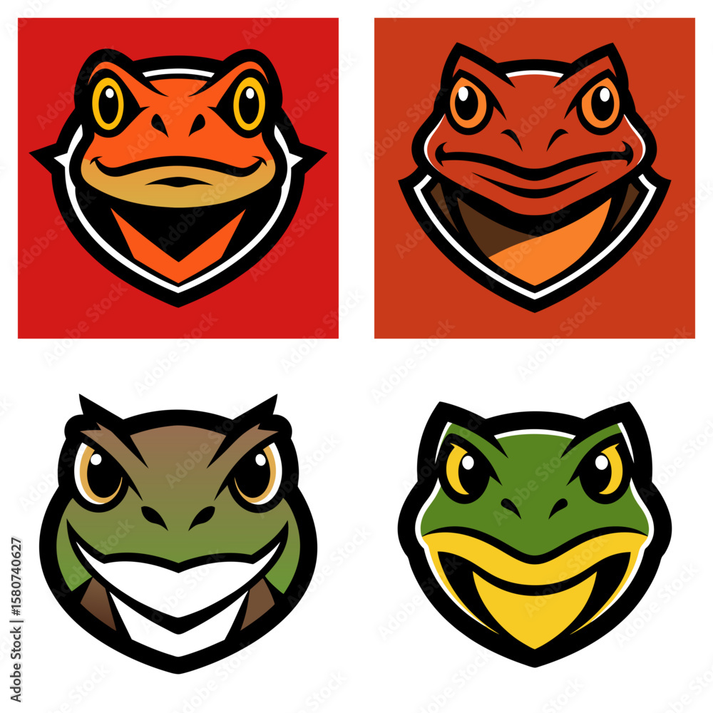 Poster four cartoon frog heads with different colors and expressions in a square format arrangement image