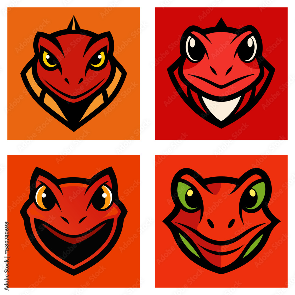 Poster a set of four square images displaying red cartoon frog faces with varying eye and mouth expressions
