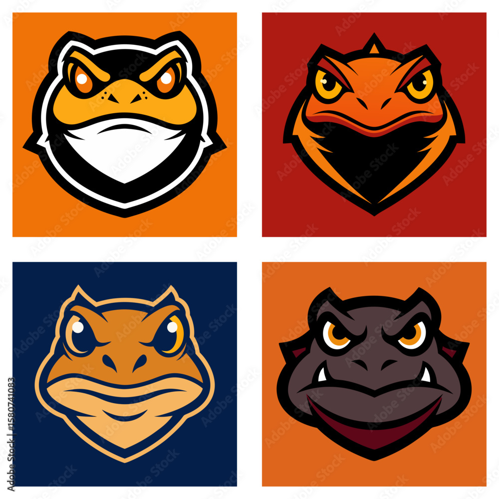 Poster four stylized frog heads in square frames with different color schemes and angry expressions display