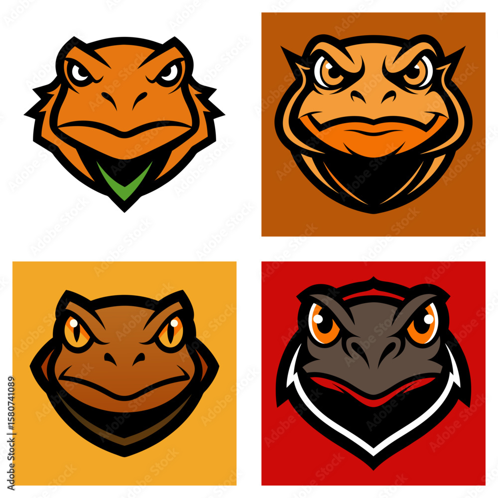Poster four stylized frog heads with varying colors and expressions displayed in a square grid pattern