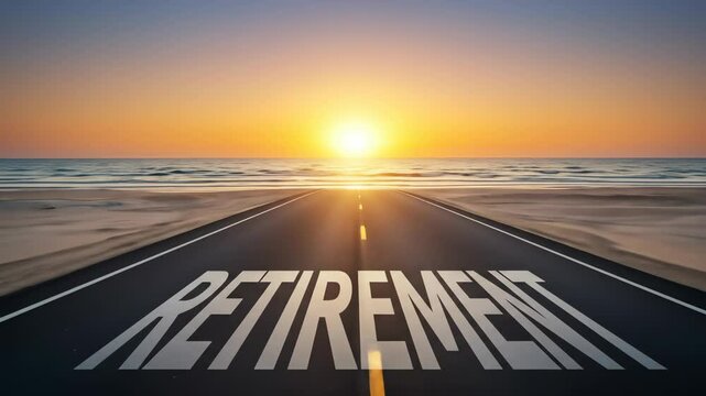 Retirement road stretching towards a beautiful sunset over the ocean, symbolizing a journey towards future financial freedom and a serene coastal destination.