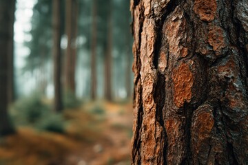 Close-up of a pine tree trunk in a misty forest