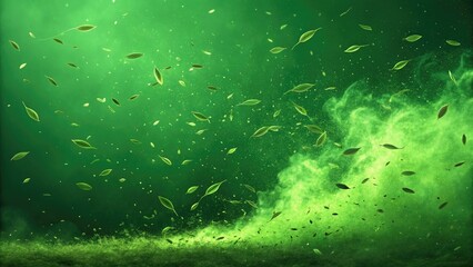Fototapeta premium Abstract green background with swirling leaves and luminous particles creating a magical atmosphere.