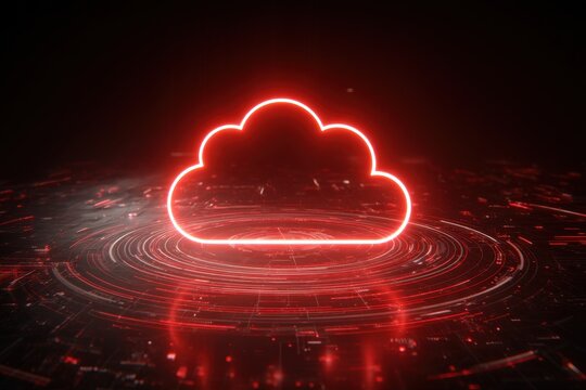 Neon cloud on a circular, flowing, digital background in red and black tones