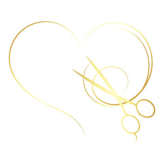 Obraz premium Scissors and a curl of hair in the form of a heart. Golden design for a beauty salon