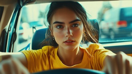 A young woman driving a car with a focused and determined expression