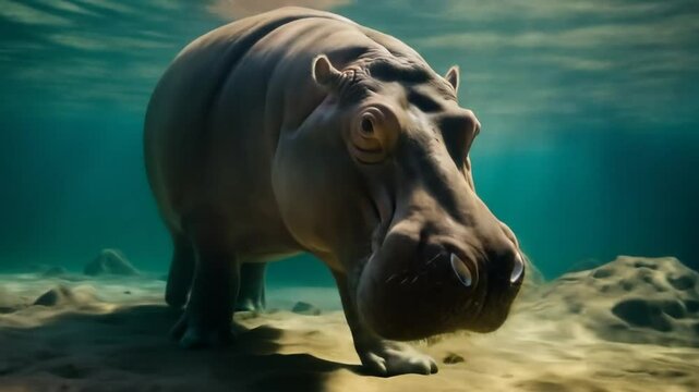 Majestic Hippo Underwater: Close-up View of Wild Animal Submerged