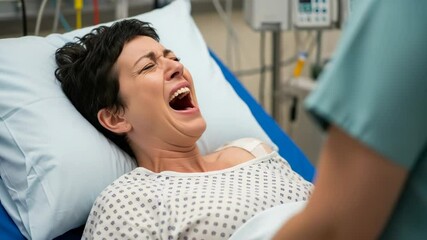 A woman in labor screams in pain during childbirth at a hospital, attended by medical staff
