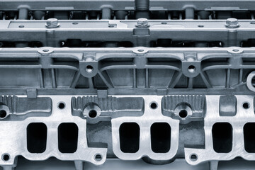 disassembled silver car engine auto service concept background.