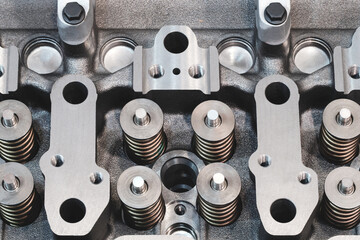 disassembled silver car engine auto service concept background.