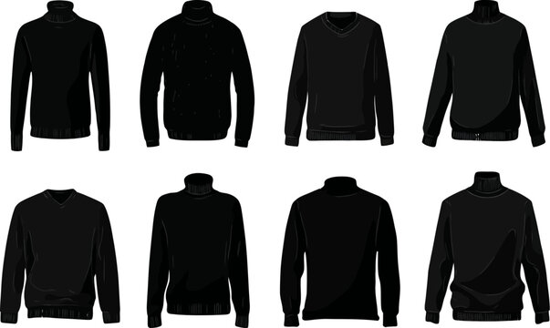 Assorted black sweaters showcase different styles of knitwear, including turtleneck and v-neck designs, on a white background, silhouette