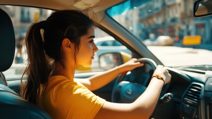 Concentrated young female driver navigating urban streets on a bright sunny day