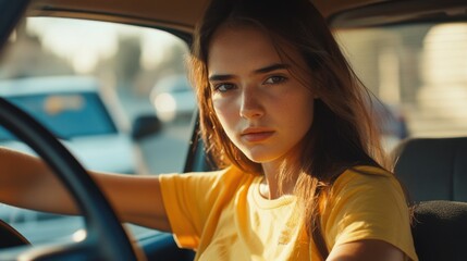 Portrait of a contemplative young woman in her car navigating the urban landscape