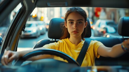 Confident young woman behind the wheel navigating city streets in daylight