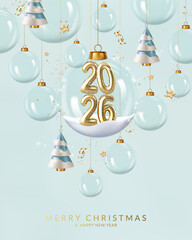Christmas and New Year greeting card with gold balloons number 2026