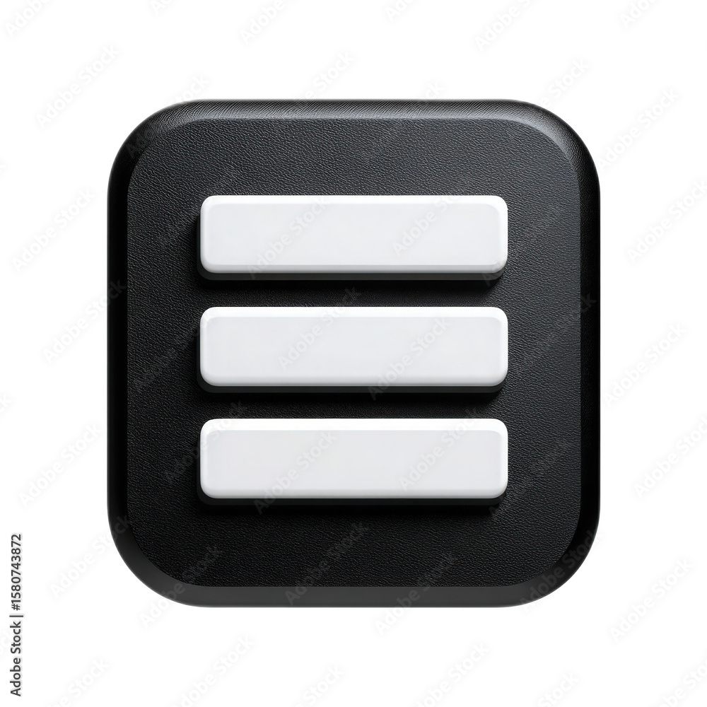 Poster black square button with three horizontal white lines representing a menu icon, digital design eleme