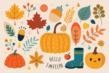 Autumn Harvest Collection Pumpkins Leaves and Fall Elements