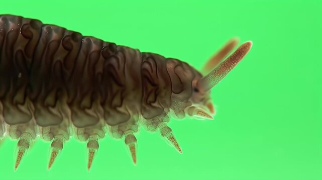 Detailed close-up of a brown segmented invertebrate creature with antennae on a bright green screen background