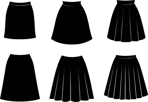 Six different black skirts are showcased, varying in style from pencil to pleated, offering diverse fashion options, silhouette