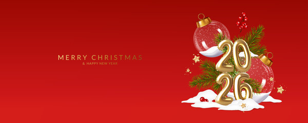 Christmas and New Year greeting card with gold balloons number 2026