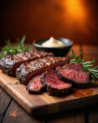 Grilled medium rare meat over wooden board