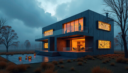 Modern house with illuminated windows, serene mood, contemporary architecture, evening landscape
