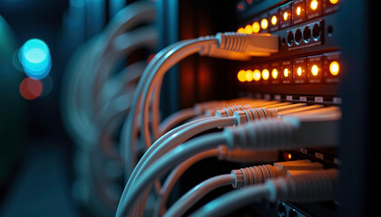 Close-up of network cables in a server, technical mood, illuminated hardware, dark background
