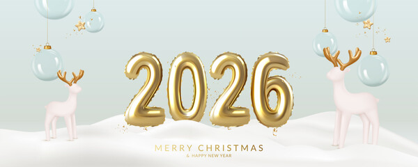 Christmas and New Year greeting card with gold balloons number 2026