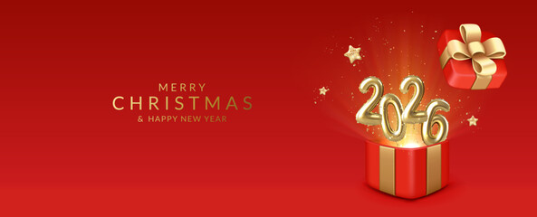 Christmas and New Year greeting card with gold balloons number 2026
