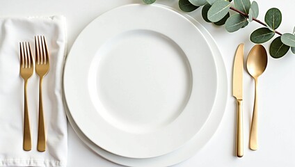 Elegant dining table setting with white plates, gold utensils, eucalyptus branch and cloth napkin creating a minimalist and sophisticated dining experience