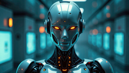 Futuristic robot with glowing eyes, serious mood, close-up portrait, sci-fi corridor background

