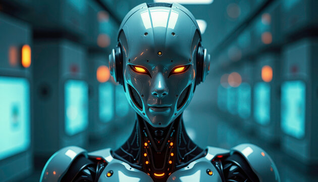Futuristic robot with glowing eyes, serious mood, close-up portrait, sci-fi corridor background
