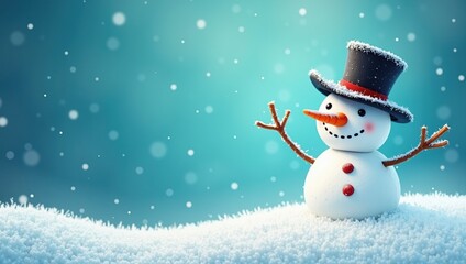 Fototapeta premium Cheerful snowman wearing a black top hat in a snow-covered winter landscape with falling snowflakes on a bright turquoise background embodying festive joy and seasonal charm