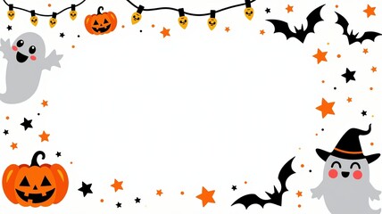 halloween themed border with cute ghosts, bats, and pumpkins creating a festive frame with orange and black decorations on a white background