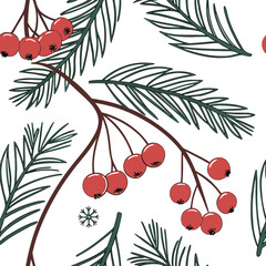 Seamless nature pattern with red berries, cherries, and green leaves, a beautiful vintage floral vector illustration for summer decor